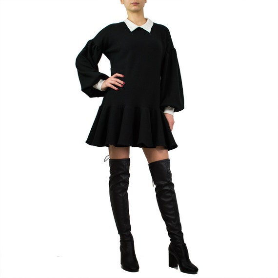 orchideaboutique Black Sweater Dress/ Little Black Dress/ Mini Jumper dress/Collared Dress/ Black Tunic Dress/ Long Sleeve Dress/ Loose Fit Dress - Am Collar