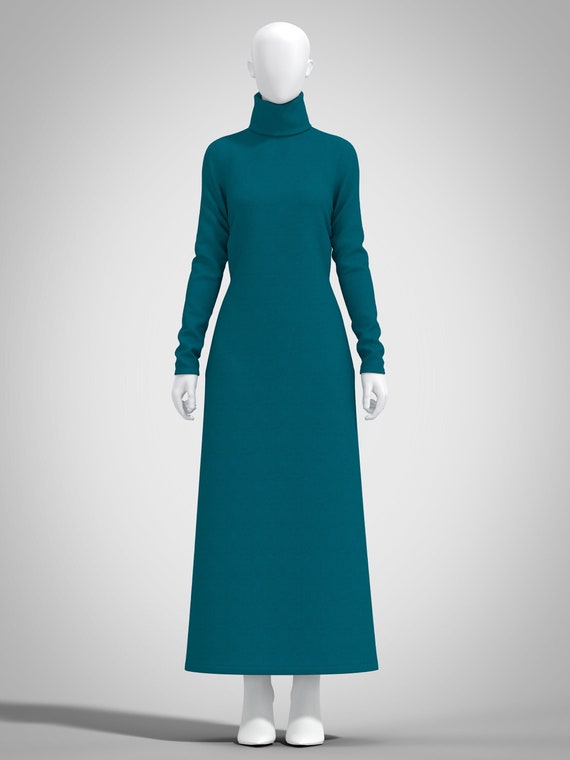 Teal Blue Warm Sweater Midi Dress, Turtle Neck Long Sleeves, A Line Casual  Modest Maxi Dress, Long Women Dress HEIDI - Etsy UK