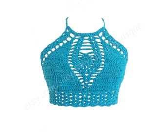 SALE CROCHET crop top turquoise bikini tank summer beach boho handmade halter top lined removable cups