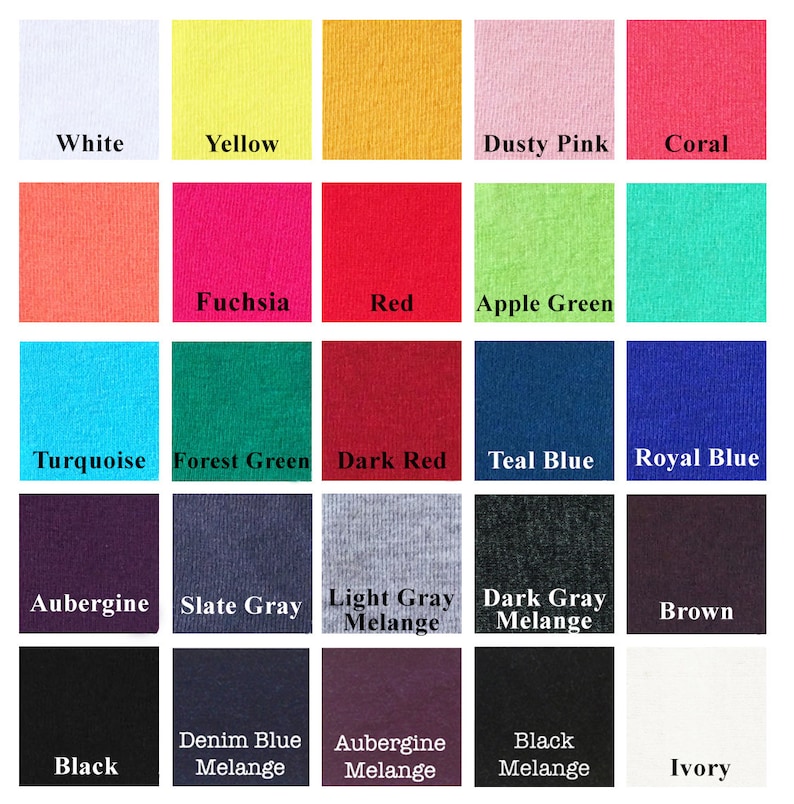 May include: A color chart showing 18 different fabric colors. The colors are arranged in a grid of 6 rows and 3 columns. The colors include white, yellow, dusty pink, coral, fuchsia, red, apple green, turquoise, forest green, dark red, teal blue, royal blue, aubergine, slate gray, light gray melange, dark gray melange, brown, denim blue melange, aubergine melange, black melange, and ivory.