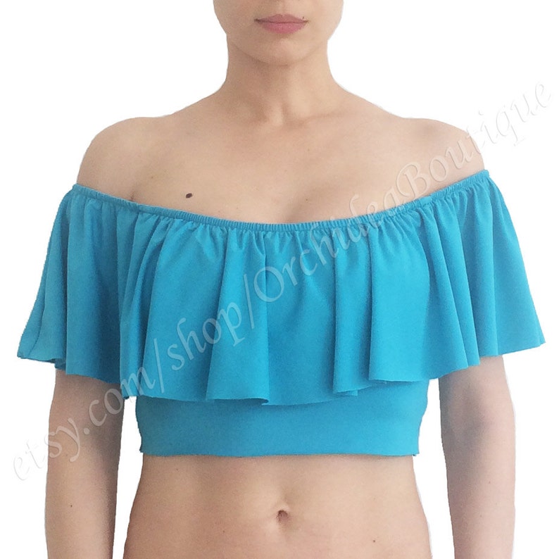 Off shoulder crop top, ruffle crop top women, frill women top ANNA SALE Turquoise