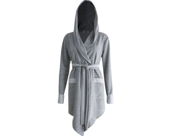 Hooded asymmetric hem cardigan jacket for women gray cotton belted wrap hoodie DAMIR SALE