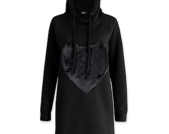 SALE Hoodie sweathirt dress HEART faux fur long sleeves cotton terry black