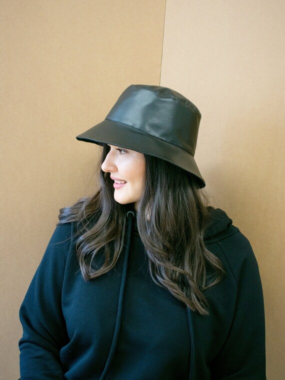 Black Bucket Hat Women Vegan Leather 
