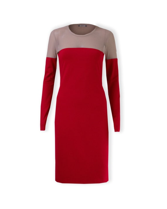 Elegant Red Long Sleeve Knee Length Short Dress With Nude Tulle Top, Midi  Evening Women Dress BONI SALE - Etsy