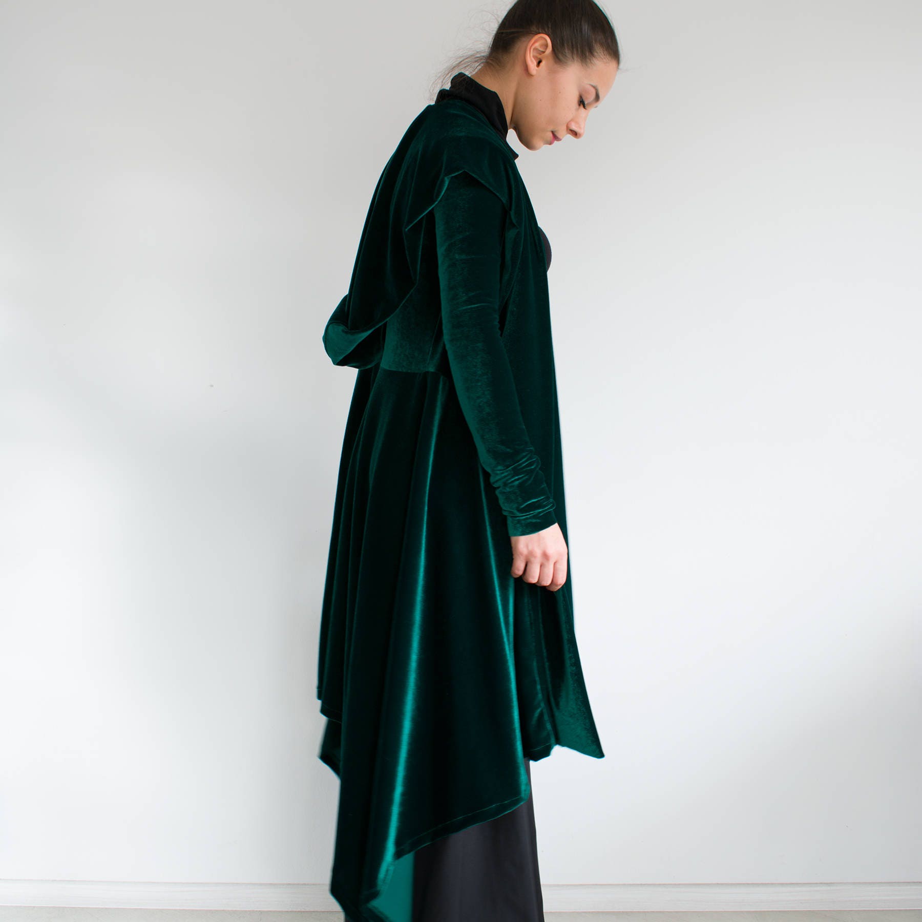 Velvet hooded jacket cardigan/ green velvet jacket/ Long loose Etsy