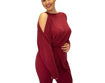 SALE Long sleeve jumpsuit women, Asymmetric Long romper, Loose winter red jumpsuit, Women overall jumper MARIAH