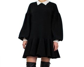 VENTE Robe pull noire / Petite robe noire / Mini robe pull / Robe à col / Robe tunique noire / Robe à manches longues - AM COL