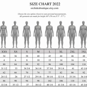 May include: Size chart for clothing in US and EU sizes, with measurements in inches and centimeters for bust, waist, and hips. The chart includes sizes XXS to 4XL.