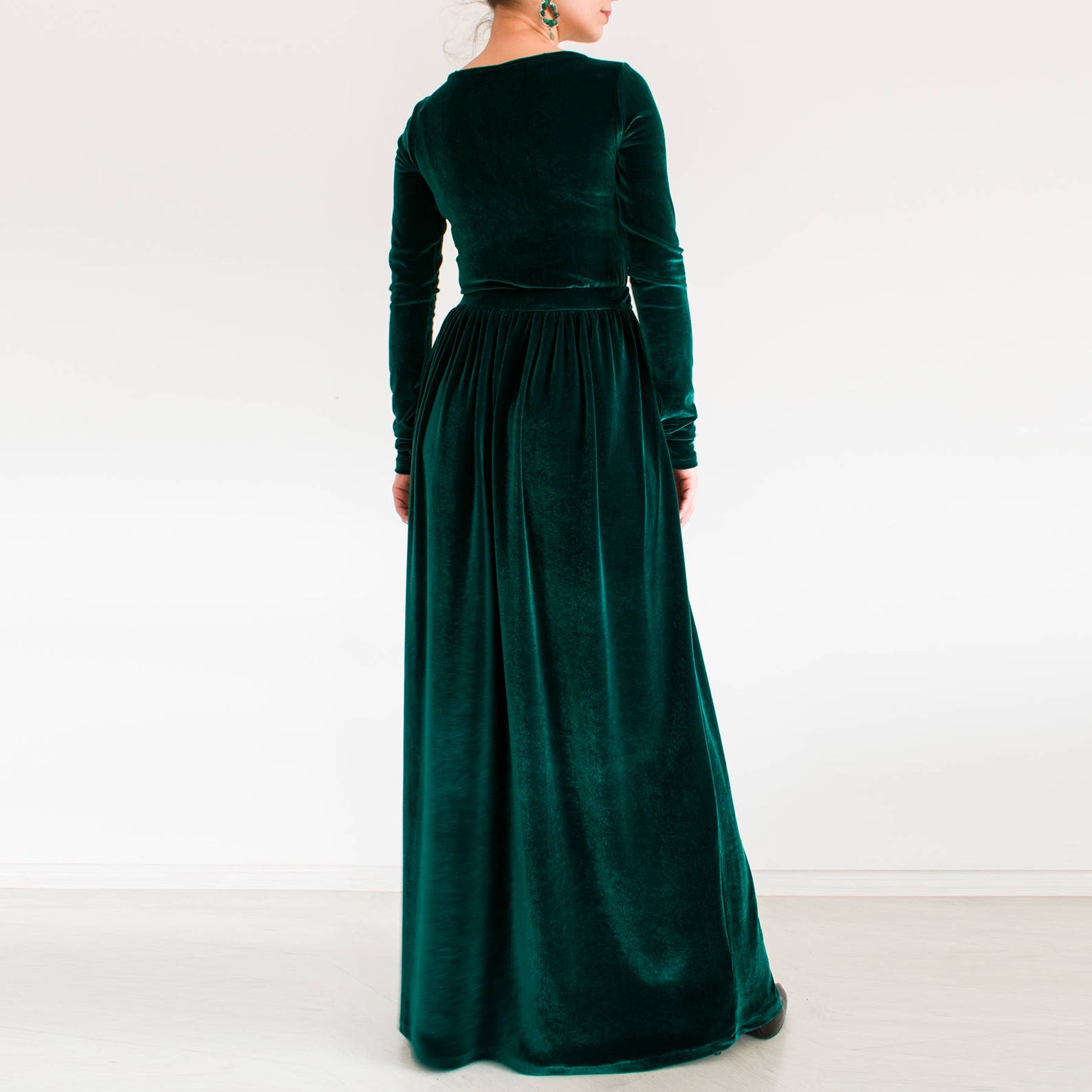 V-Back Long Velvet Dresses with Flutter Sleeves Lime Green