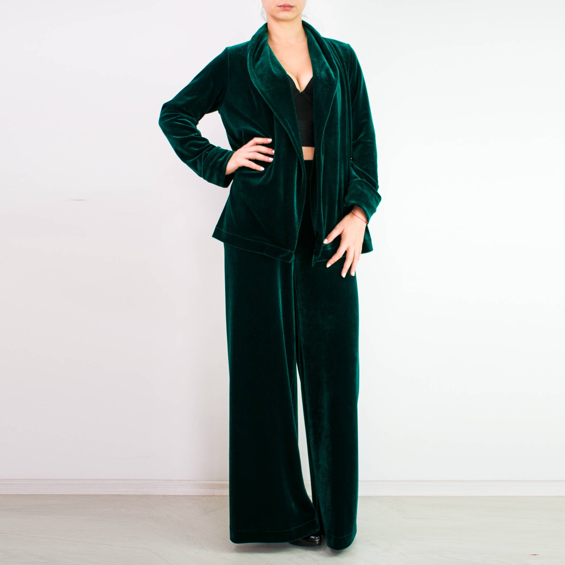 Floral Velvet Wide Leg Trousers Vintage Style High Waist Palazzo Pants S