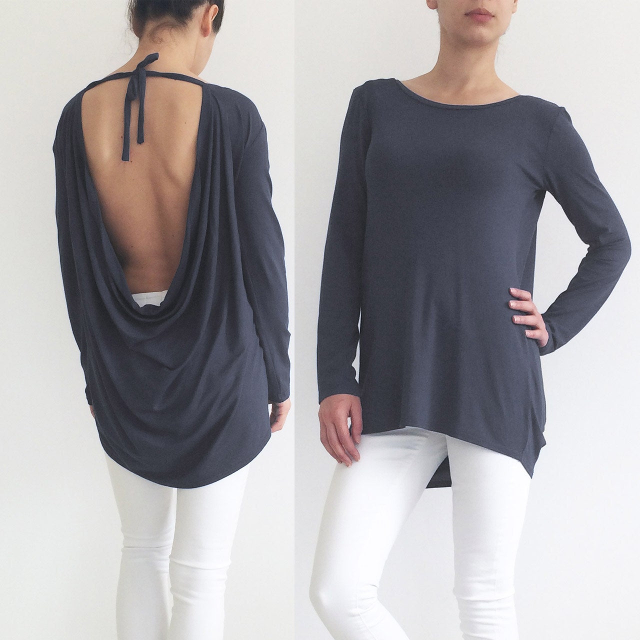 Backless T Shirt Top/ Open Back Shirt/ Long Sleeve Tunic Top/ | Etsy