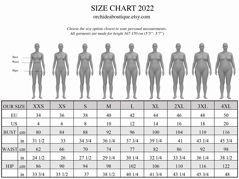 May include: Size chart for clothing in US and EU sizes, with measurements in inches and centimeters for bust, waist, and hips. The chart includes sizes XXS to 4XL.