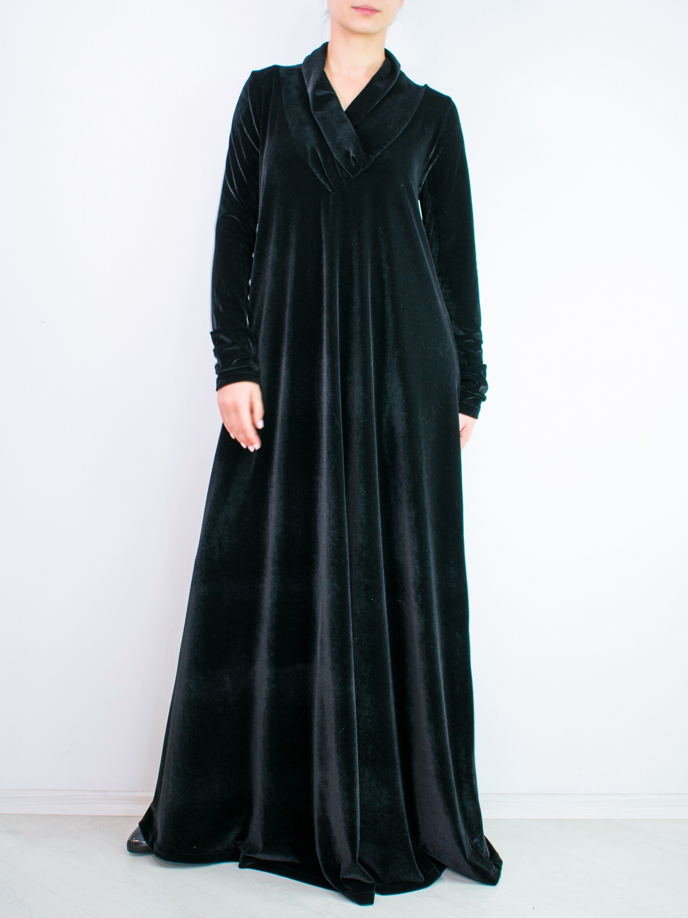 orchideaboutique Long Sleeve Black Dress, Velvet Maxi Dress/ Loose Fit Maxi Dress/ Black Maxi Dress/ Black Dress Plus Size/ Modest Dress