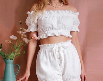 Viktorianischer Stil Pyjama Set, Cottagecore Loungewear, Romantischer Musselin Zweiteiler, Off Schulter Top und Bloomers, Weicher Baumwoll Nachtwäsche
