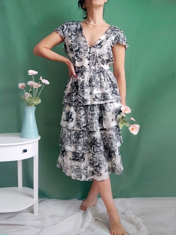 cottagecore cotton dress Midi Dress/ Toile de Jouy Fairy Summer pleated skirt Dress Fit:Regular Pastel High Cover 2025 w13 Womens Faux Leather Dresses