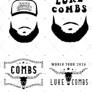 Könnte beinhalten: Schwarz-weiße Grafikdesigns mit dem Namen "Luke Combs" und zugehörigen Bildern. Enthält eine Baseballkappe, eine Bartsilhouette und stilisierte Bullenschädel-Designs mit dem Namen "Combs" und "World Tour 2026".