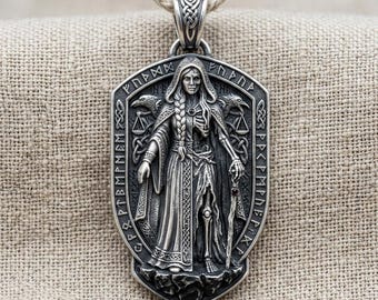 Halsband med hänge i nordiskt gudinna, silverfärgad runmedaljong med huva och figurdesign