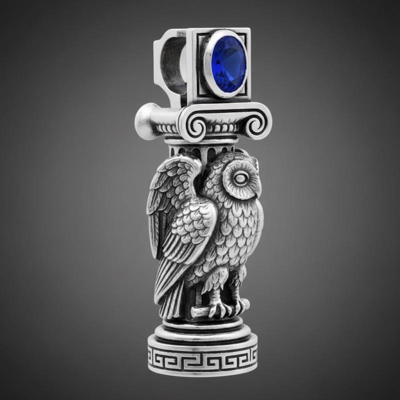 Sterling Silver Athena Owl Pendant, Sapphire Blue Stone Greek Column Necklace, Ionic Greek Key Amule
