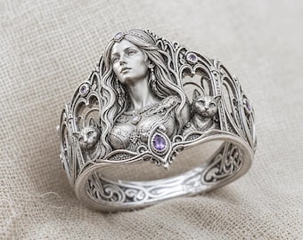 Cat Goddess Ring Silver Purple Stone Openwork Statement Band