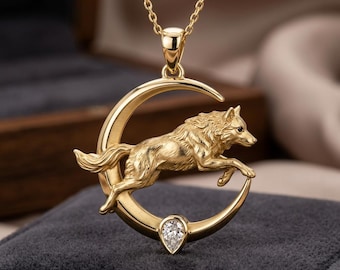 Wolf Moon Pendant Necklace, Gold Plated Silver Animal Crescent Necklace with Clear Stone