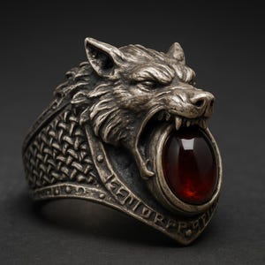 Peut inclure: Bague argentée représentant une tête de loup détaillée, gueule ouverte et dents apparentes. La bague présente un motif de bande tissée et une grosse pierre précieuse ronde rouge foncé. Inscription gravée autour de la pierre.