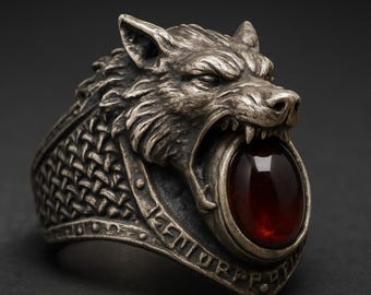 Wolf Head Ring Silver Viking Wolf Ring with Red Gemstone, Norse Animal Jewelry, Gothic Medieval Statement Band