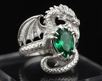 Dragon Ring Silver Fantasy Creature Ring with Green Gemstone, Gothic Dragon Jewelry, Medieval Adjustable Statement Ring