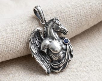 Collar con colgante de caballo Pegaso, caballo alado de plata, dije de piedra azul