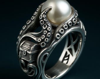 Sterling Silver Kraken Ring, Pearl Cabochon, Pirate Jewelry