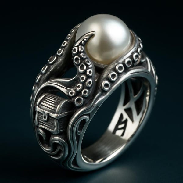 Sterling Silver Kraken Ring, Pearl Cabochon, Pirate Jewelry