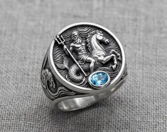 Anillo de caballito de mar de Poseidón, plata, piedra azul, mitología, sello