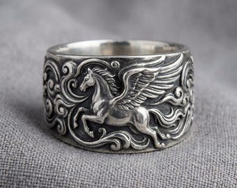 Pegasus Band Ring Silver Engraved Winged Horse Wide Statement Ring