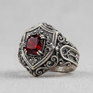 May include: A silver ring with an ornate design. The ring features a large, square-cut, deep red gemstone set within a shield-shaped frame. The band and frame are intricately detailed with swirling patterns.