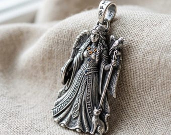 Nordisk gudinna hänge silver korp katt runa graverad figur halsband berlock
