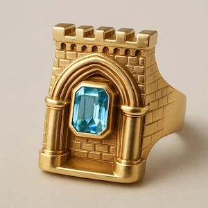 May include: A gold-colored ring featuring a castle design with a rectangular, light blue gemstone at the center. The ring has a brick-like texture and arched details, resembling a miniature fortress.
