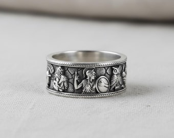 Silver Greek Mythology Ring, Wide Ancient Warrior Relief Band