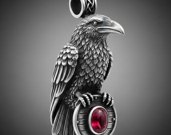 Colgante de cuervo, collar gótico de plata con piedra preciosa roja, joyería vikinga de cuervo, colgante de animal de la mitología nórdica