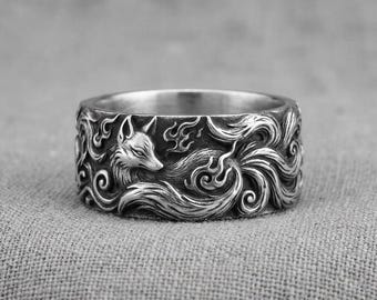 Anillo de plata con banda grabada de zorro, anillo llamativo ancho con diseño de animales de la naturaleza.