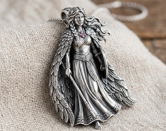 Valkyrie Hänge Halsband Silver Bevingad Krigare Sköld Svärd Röd Sten