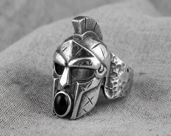 Spartan Helmet Ring Silver Black Stone Warrior Statement Band