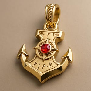 Viking Mjolnir Anchor Pendant, Ruby Red Compass, 18K Gold Plated Sterling Silver Charm