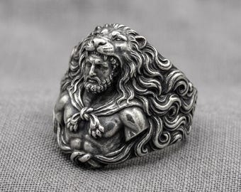 Anillo con cabeza de león de plata, diseño escultural con forma de animal, ideal para hombres y mujeres.