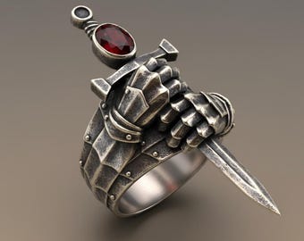 Sword Hand Ring Silver Medieval Armor Ring with Red Gemstone, Gothic Knight Jewelry, Fantasy Warrior Statement Ring