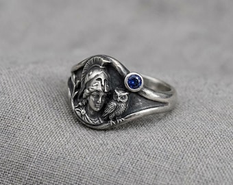 Anillo de sello con forma de búho, plata, piedra azul, bosque, luna, banda llamativa