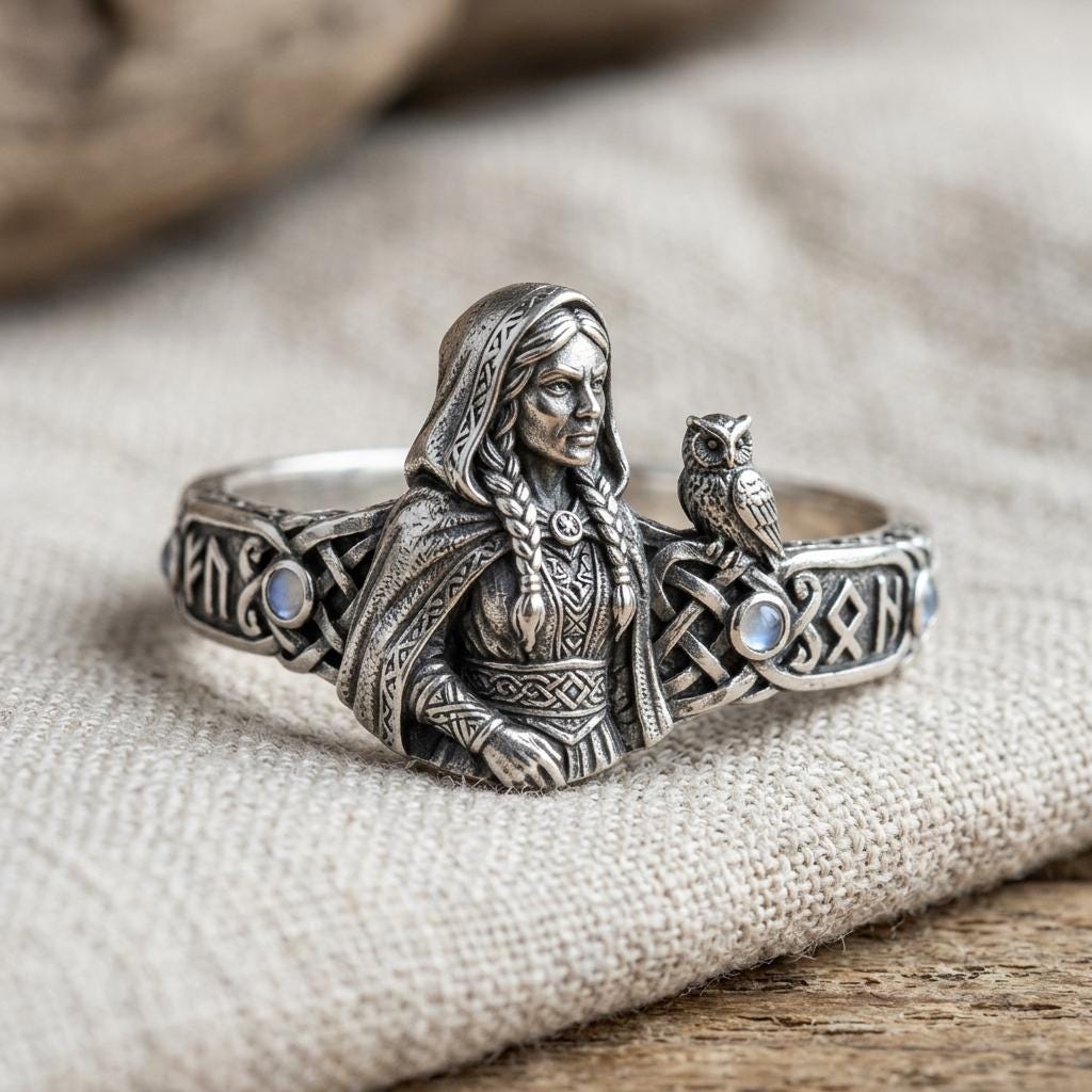Norse Goddess Ring Silver Tone Raven Owl Celtic Knot Moonstone Ring
