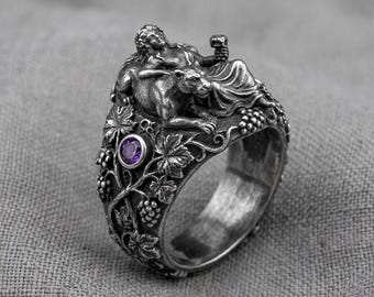 Anillo de toro de Dionisio, plata, piedra púrpura, banda de vid de uva, anillo de declaración mitológica