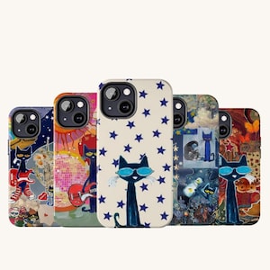 May include: A collection of five phone cases featuring whimsical cat illustrations. Each case showcases a unique design, including a cat with sunglasses, a cat playing guitar, and a cat in a starry night scene. The cases have a glossy finish and are designed for a smartphone.