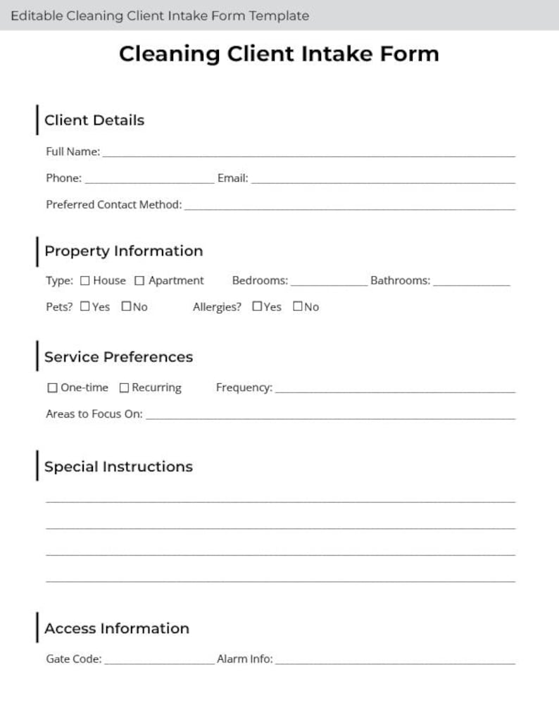 Editable Cleaning Client Intake Form Template | Residential Service ...