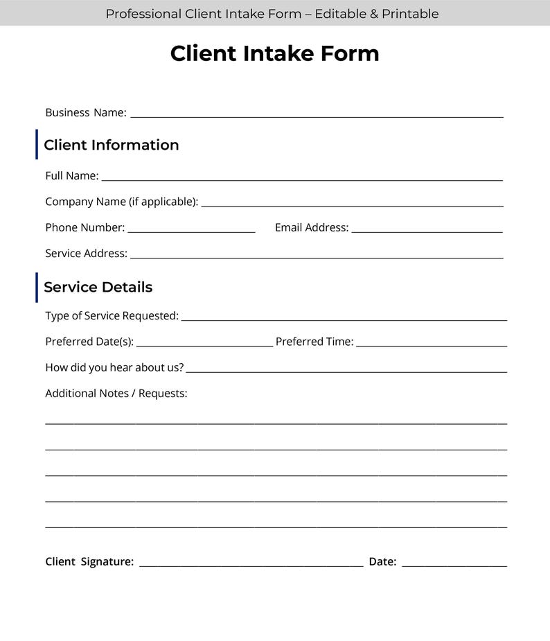 Editable Client Intake Template for Service Providers | Printable Small ...